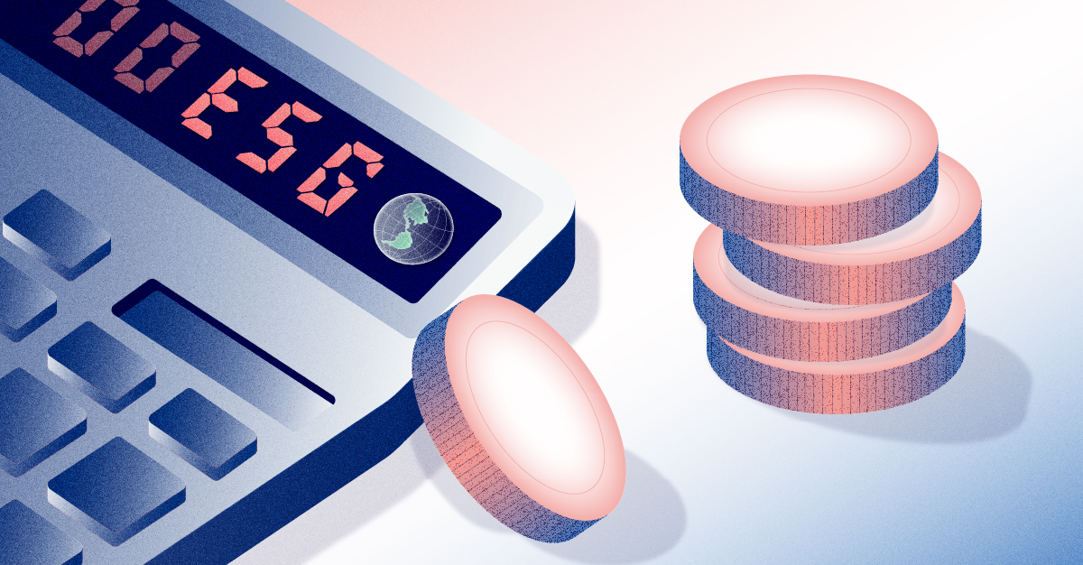 Topic: ROI of carbon accounting for ESG. Illustration of a calculator with the letters ESG and a globe in place of numbers, coins stacked next to it.
